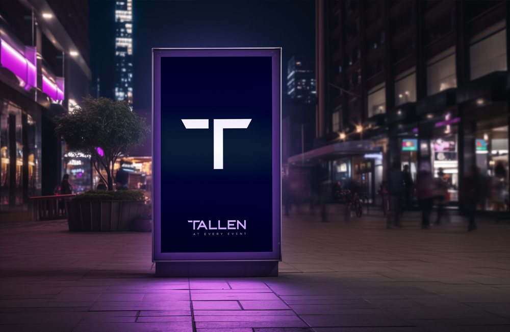 A digital signage for events poster displaying Tallen's logo and branding with purple backlighting