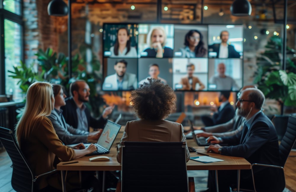 Individuals gathered around conference table on a zoom call being broadcasted on screen for a blog about hybrid event solutions