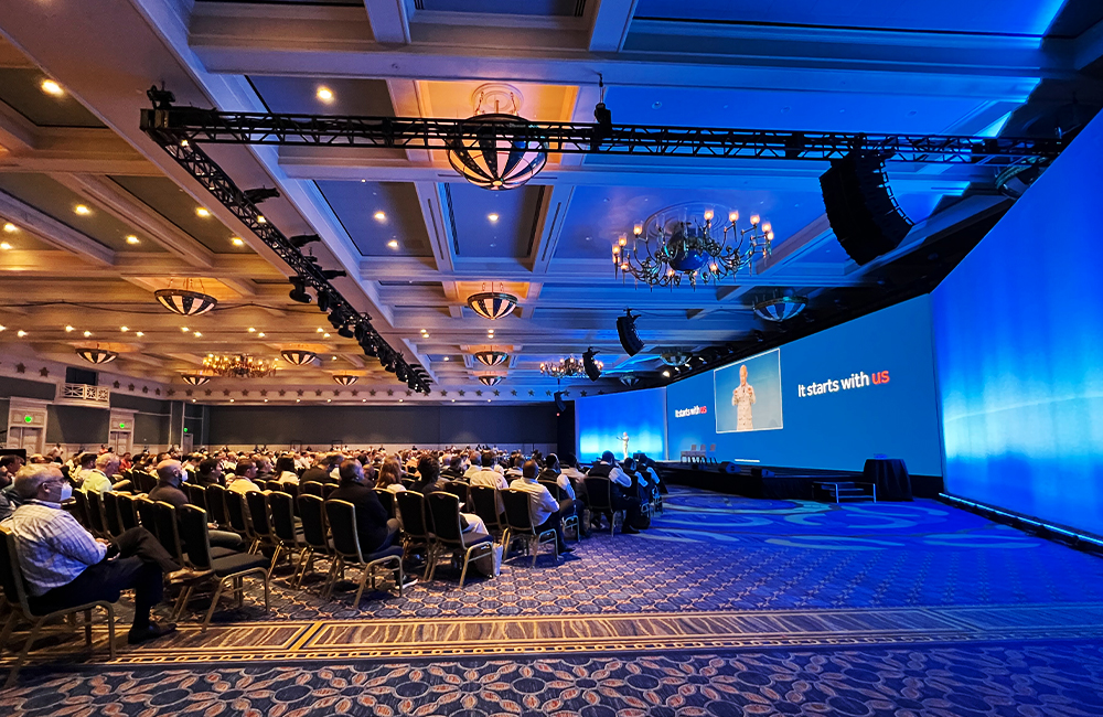 Picture of a ballroom with event audio-visual elements installed